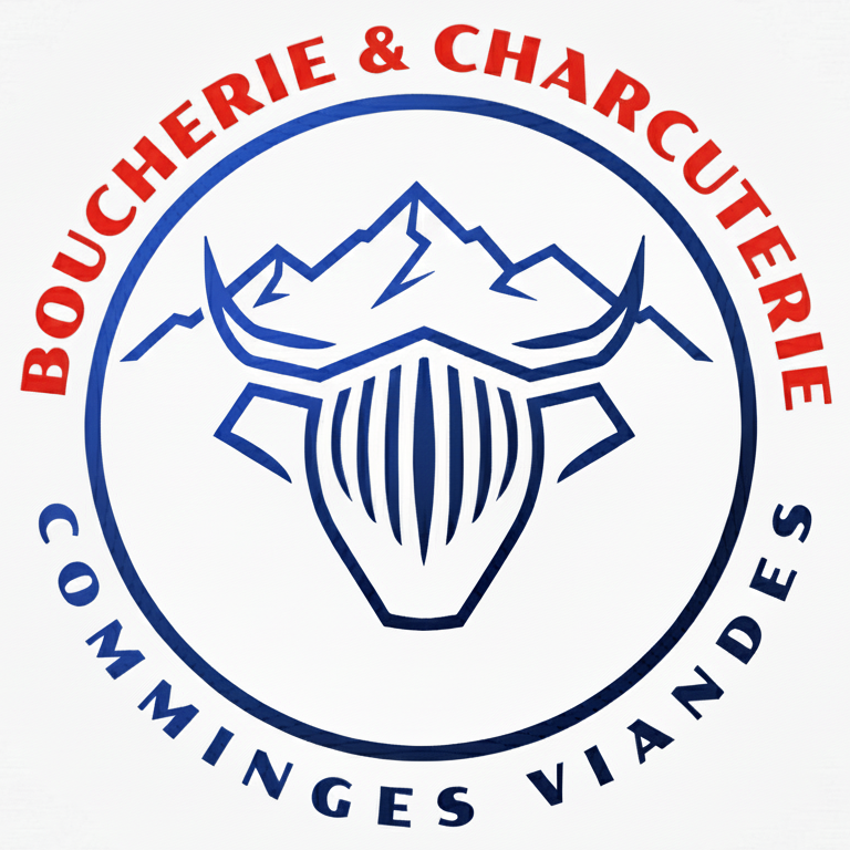 Logo de la boucherie Comminges Viandes à Saint-Gaudens Logo de boucherie et charcuterie avec un taureau stylisé et des montagnes en arrière-plan.