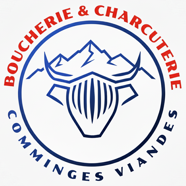 Logo de boucherie et charcuterie avec une tête de bœuf et des montagnes en arrière-plan.