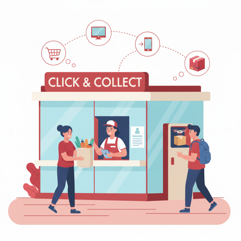 Un point de collecte avec un employé et deux clients, portant des sacs et utilisant un service en ligne.