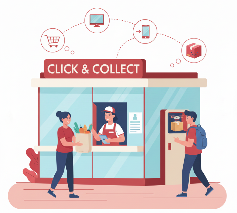 commerce "click and collect" avec un employé et des clients récupérant des achats.