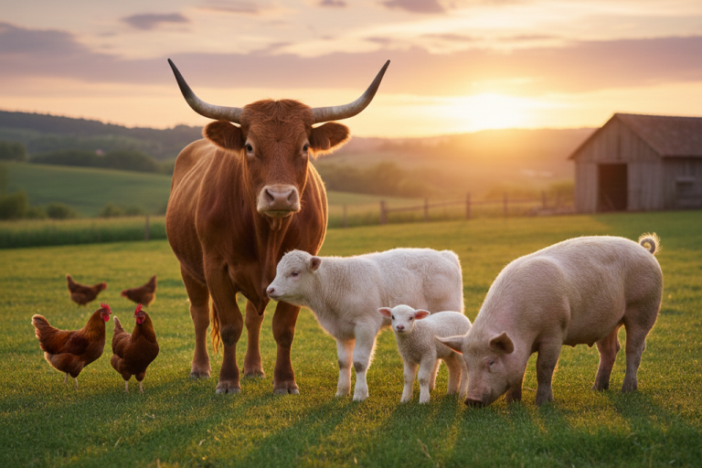 Vache, veau, cochon et poules dans un champ au coucher du soleil.