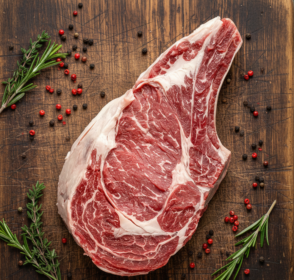 Cote de bœuf crue sur une planche en bois, entourée d'herbes et de grains de poivre.