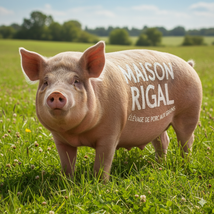 Un cochon rose sur un champ verdoyant avec "MAISON RIGAL" inscrit sur son flanc.
