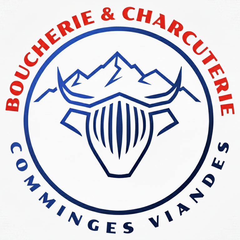 Logo représentant la boucherie Comminges Viandes avec une tête de bœuf stylisé et des montagnes pyrénéennes en arrière-plan.